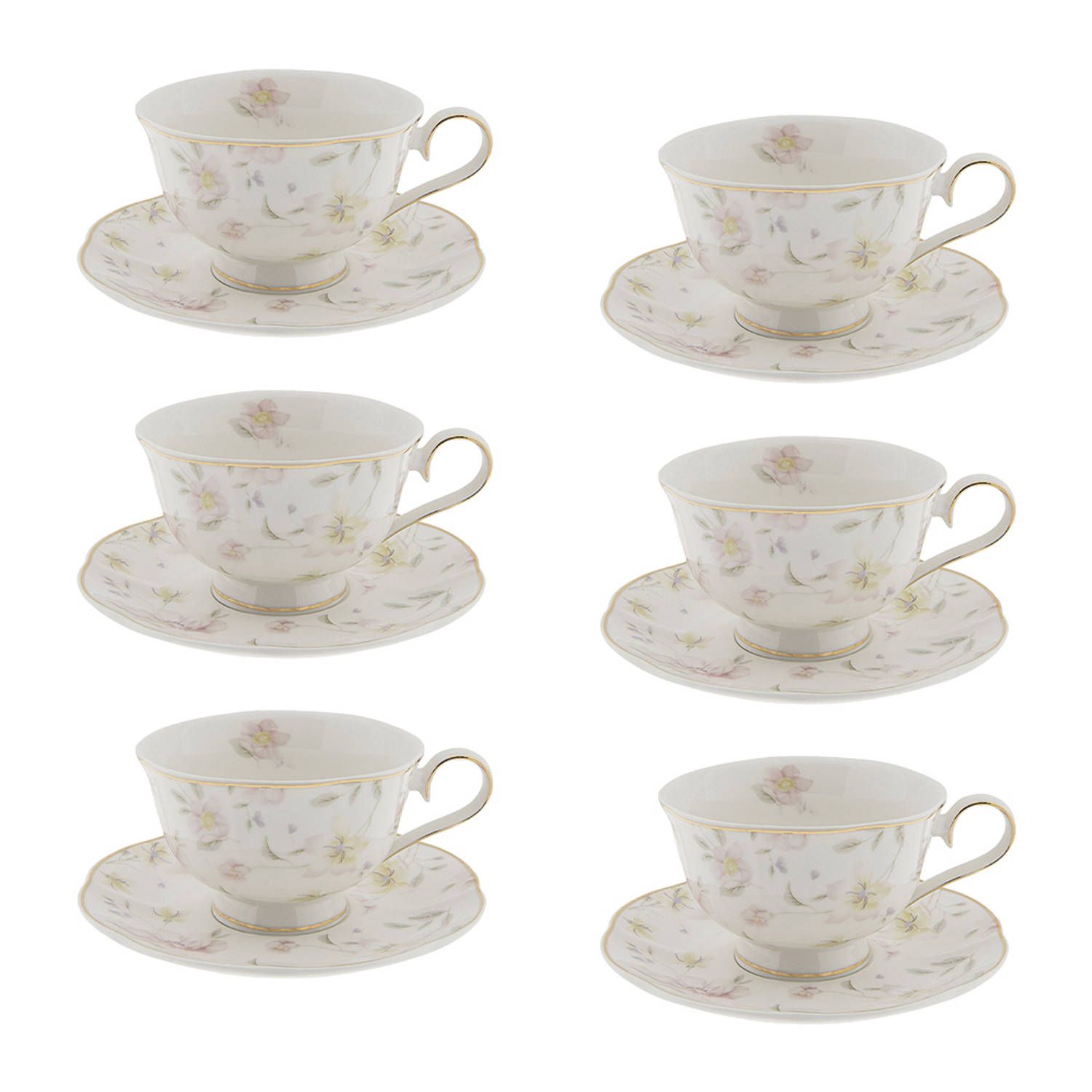 HAES DECO - Kop en Schotel set van 6 - inhoud 220 ml - kleuren Wit / Roze - Bedrukt Porselein met Bloemen - Theeservies, Koffieservies, Theekoppen, Koffiekoppen, Cappuccino