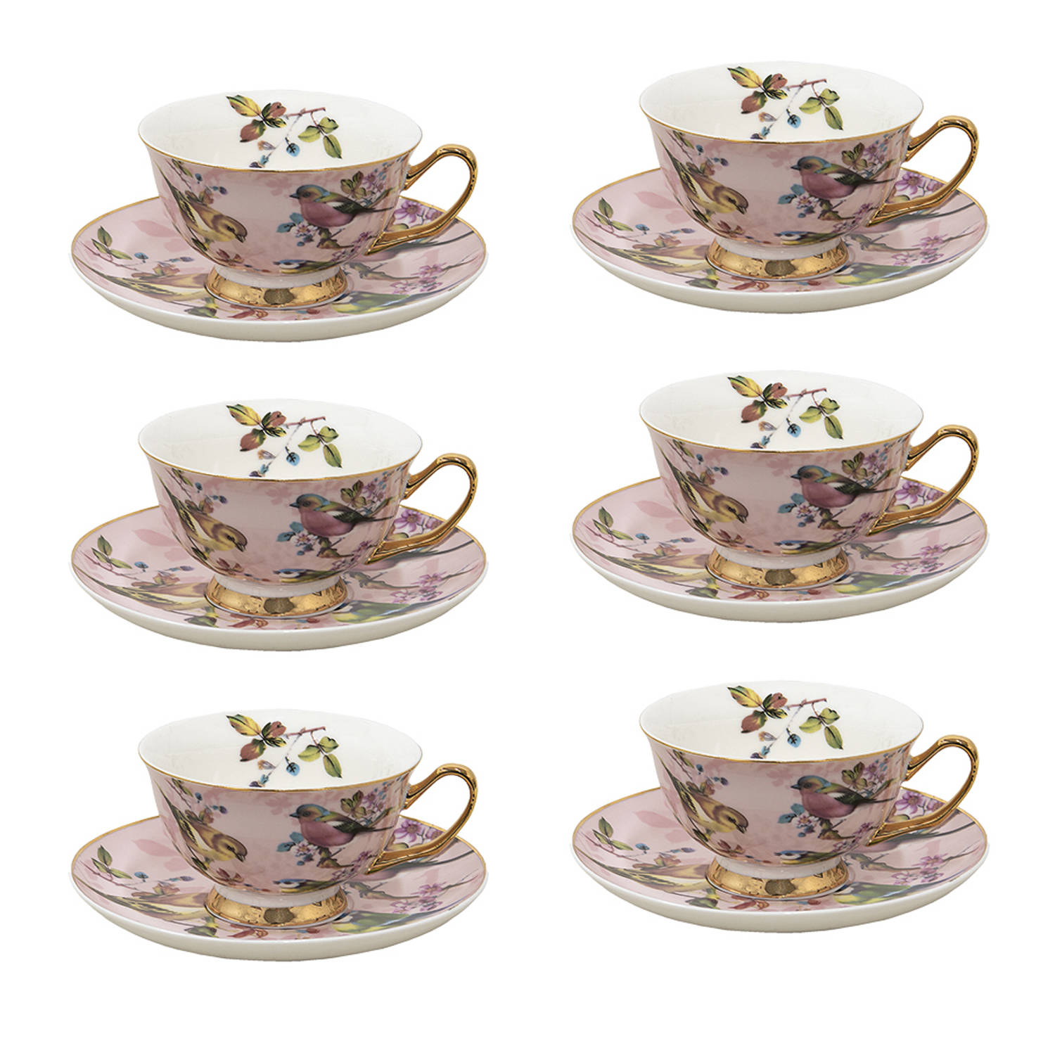 HAES DECO - Kop en Schotel set van 6 - inhoud 200 ml - kleuren Roze / Wit / Goudkleurig - Bedrukt Porselein met met 3 Vogeltjes - Theeservies, Koffieservies, Theekoppen, Koffiekopp