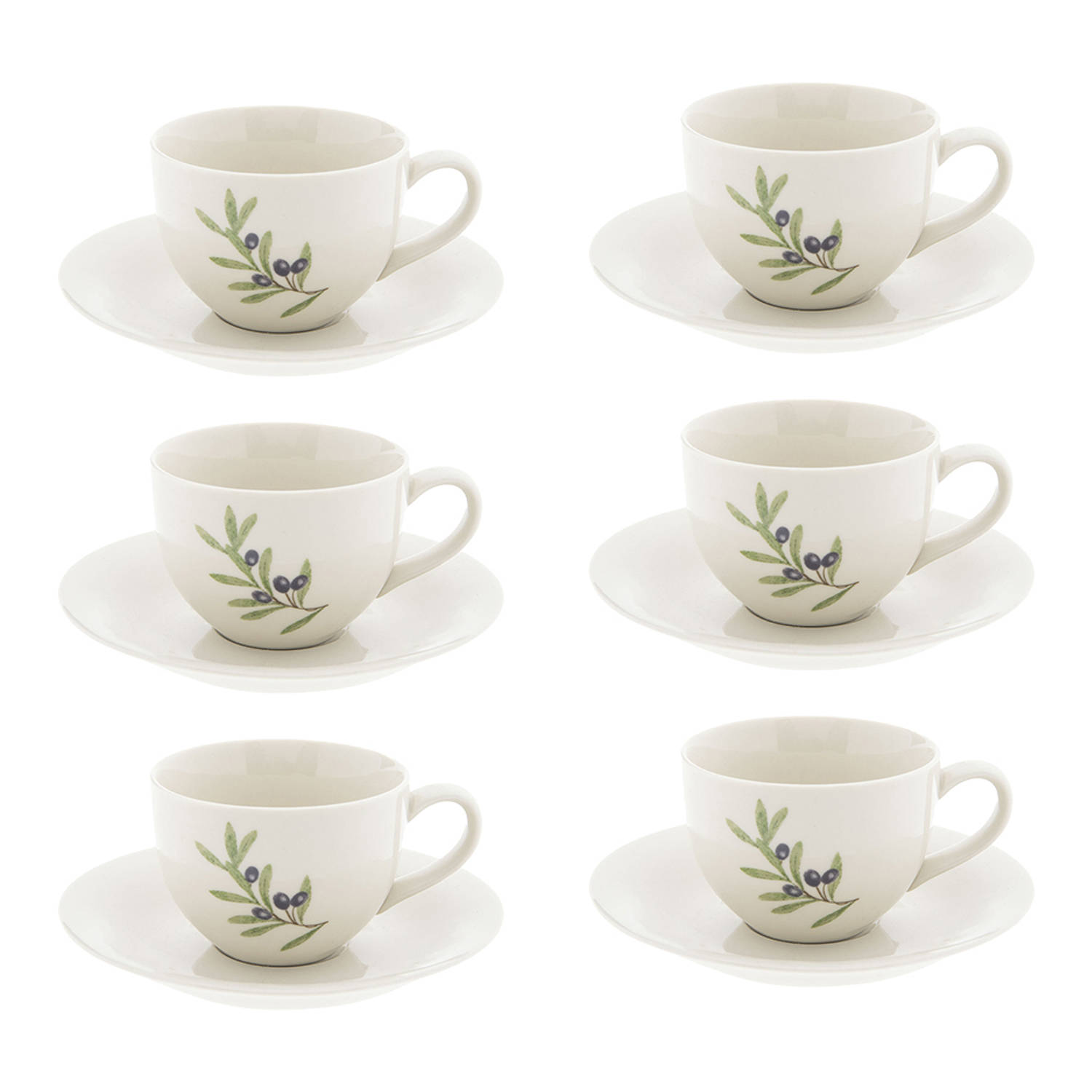 HAES DECO - Kop en Schotel set van 6 - inhoud 200 ml - kleuren Wit / Groen / Blauw - Bedrukt Keramiek met Olijftak - Theeservies, Koffieservies, Theekoppen, Koffiekoppen, Cappuccin