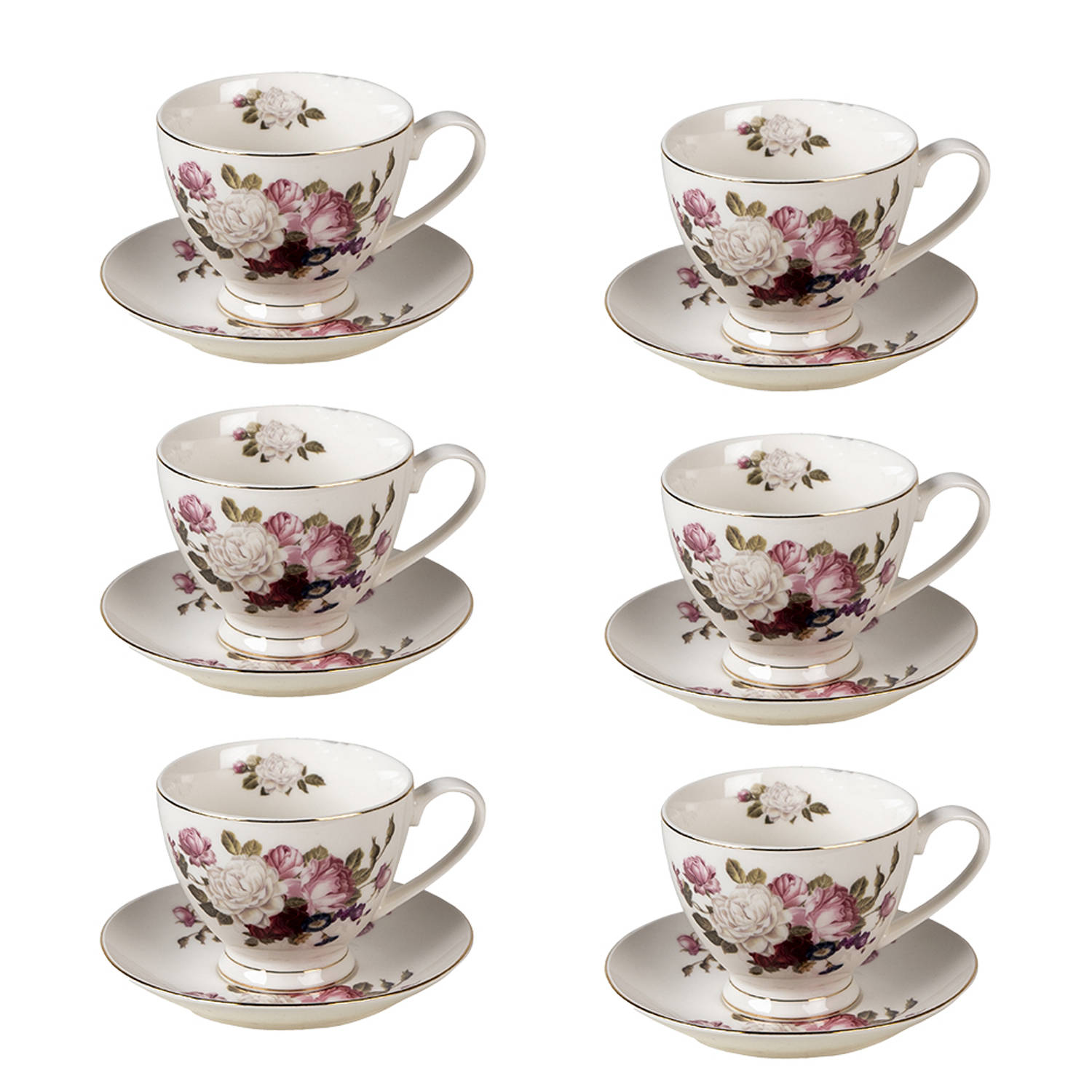 HAES DECO - Kop en Schotel set van 6 - inhoud 200 ml - kleuren Wit / Roze - Bedrukt Porselein met Bloemen - Theeservies, Koffieservies, Theekoppen, Koffiekoppen, Cappuccino