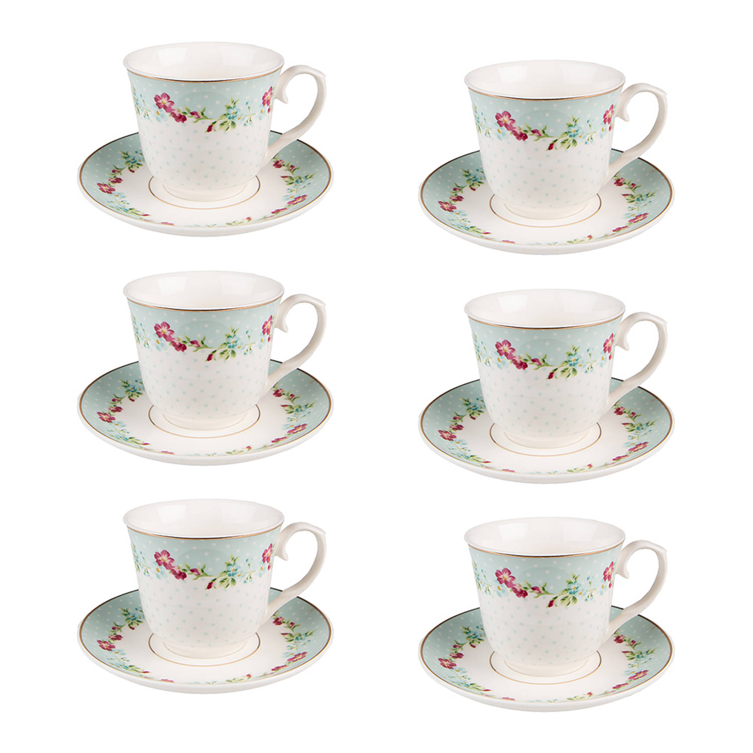 HAES DECO - Kop en Schotel set van 6 - inhoud 250 ml - kleuren Wit / Roze / Groen / Blauw - Bedrukt Porselein met Bloemen - Theeservies, Koffieservies, Theekoppen, Koffiekoppen, Ca