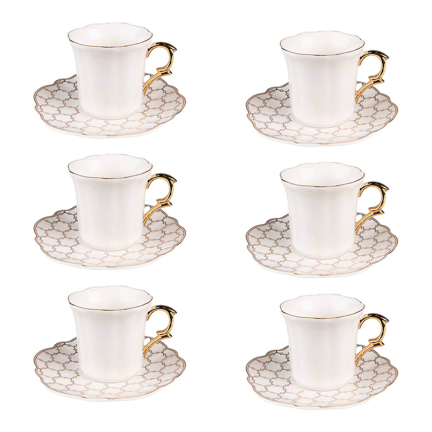 HAES DECO - Kop en Schotel set van 6 - inhoud 95 ml - kleuren Wit / Goudkleurig - Bedrukt Porselein met Patroon - Theeservies, Koffieservies, Theekoppen, Koffiekoppen, Cappuccino