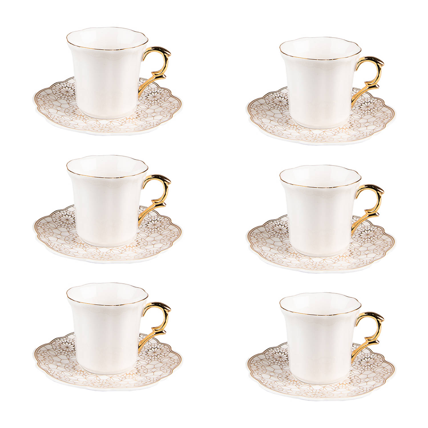 HAES DECO - Kop en Schotel set van 6 - inhoud 95 ml - kleuren Wit / Goudkleurig - Bedrukt Porselein met Patroon - Theeservies, Koffieservies, Theekoppen, Koffiekoppen, Cappuccino