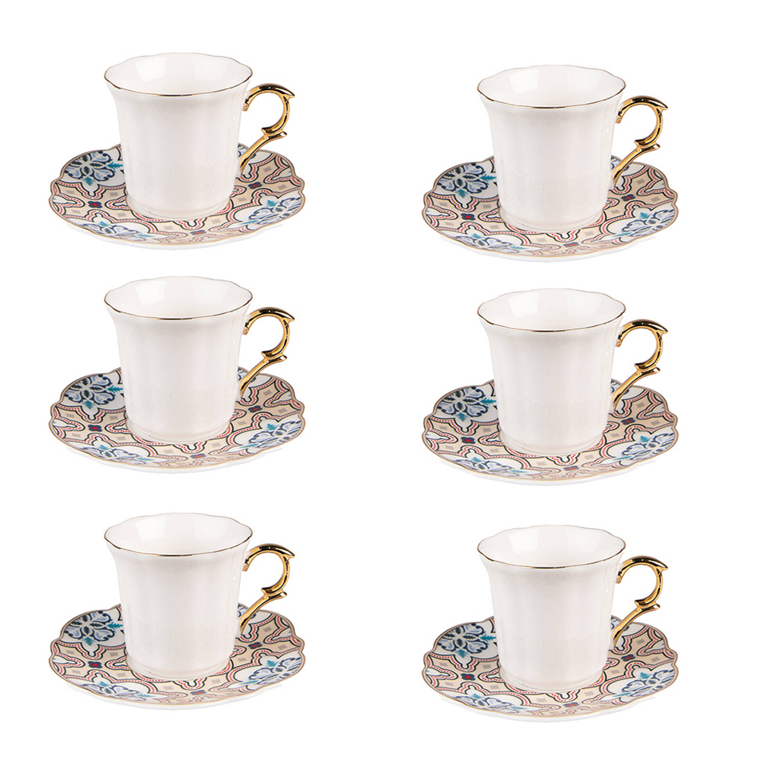 HAES DECO - Kop en Schotel set van 6 - inhoud 95 ml - kleuren Wit / Beige - Bedrukt Porselein met Patroon - Theeservies, Koffieservies, Theekoppen, Koffiekoppen, Cappuccino