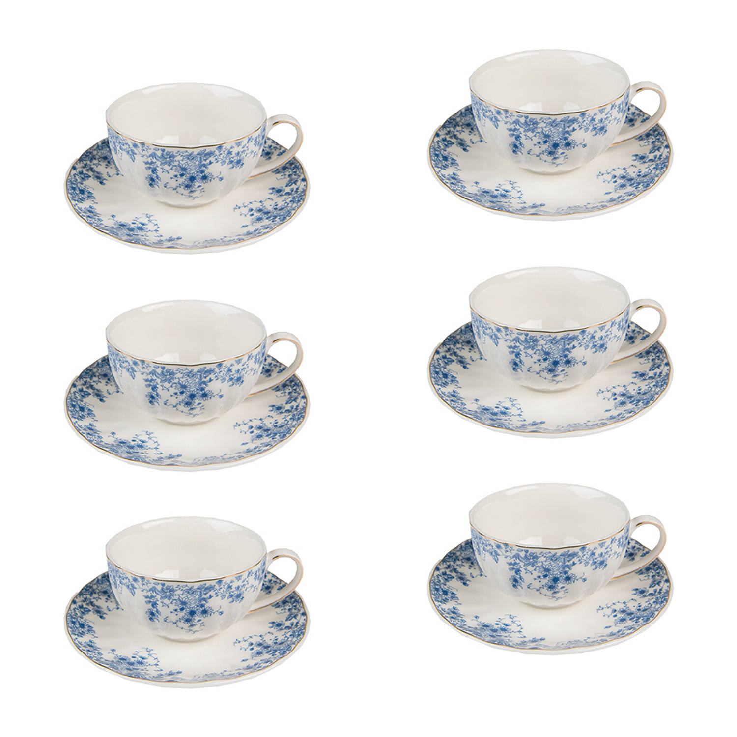 HAES DECO - Kop en Schotel set van 6 - inhoud 200 ml - kleuren Wit / blauw - Bedrukt Porselein met Bloemen - Theeservies, Koffieservies, Theekoppen, Koffiekoppen, Cappuccino