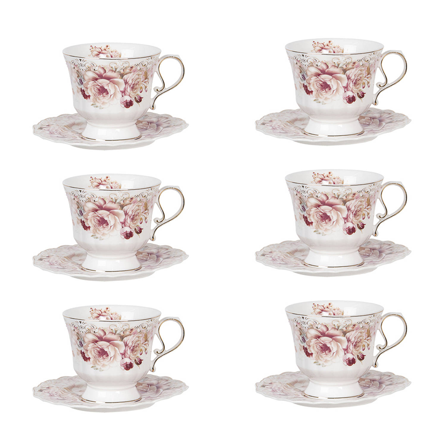 HAES DECO - Kop en Schotel set van 6 - inhoud 200 ml - kleuren Wit / Roze - Bedrukt Porselein met Bloemen - Theeservies, Koffieservies, Theekoppen, Koffiekoppen, Cappuccino