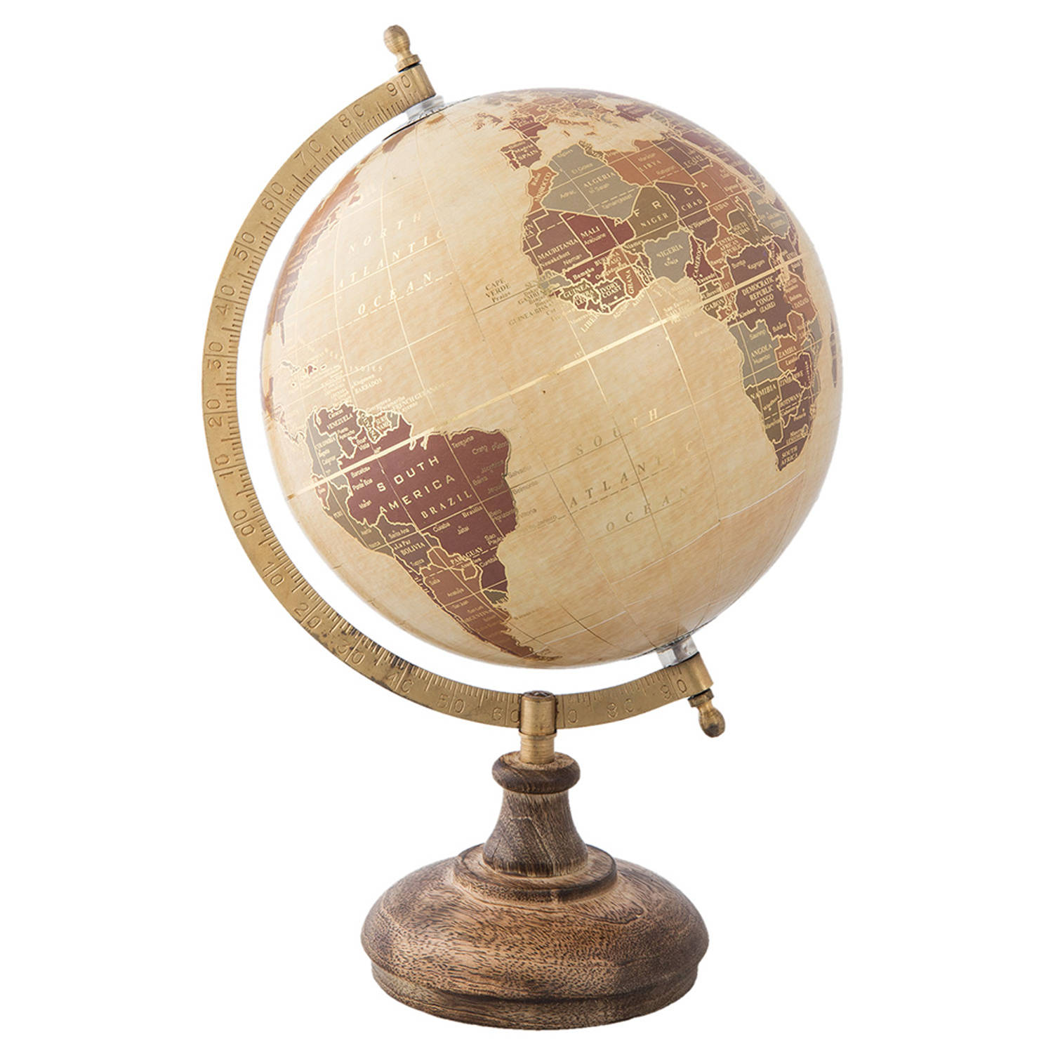HAES DECO - Decoratieve Wereldbol met bruin houten voet - formaat 22x33cm - kleuren Beige / Bruin / Geel - Vintage Wereldbol, Globe, Aarbol