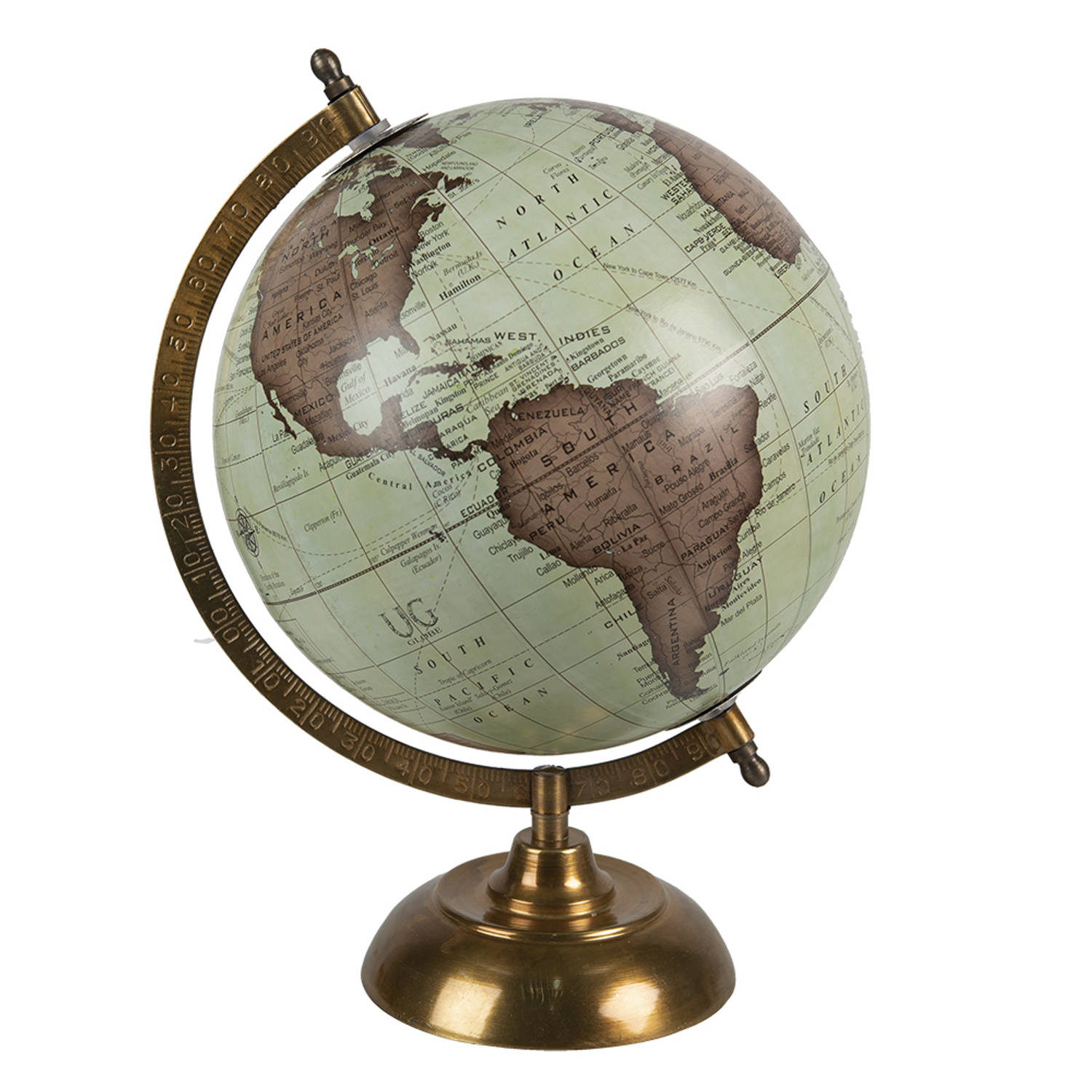 HAES DECO - Decoratieve Wereldbol met metalen koperkleurige voet - formaat 22x33cm - kleuren Bruin / Groen - Vintage Wereldbol, Globe, Aarbol