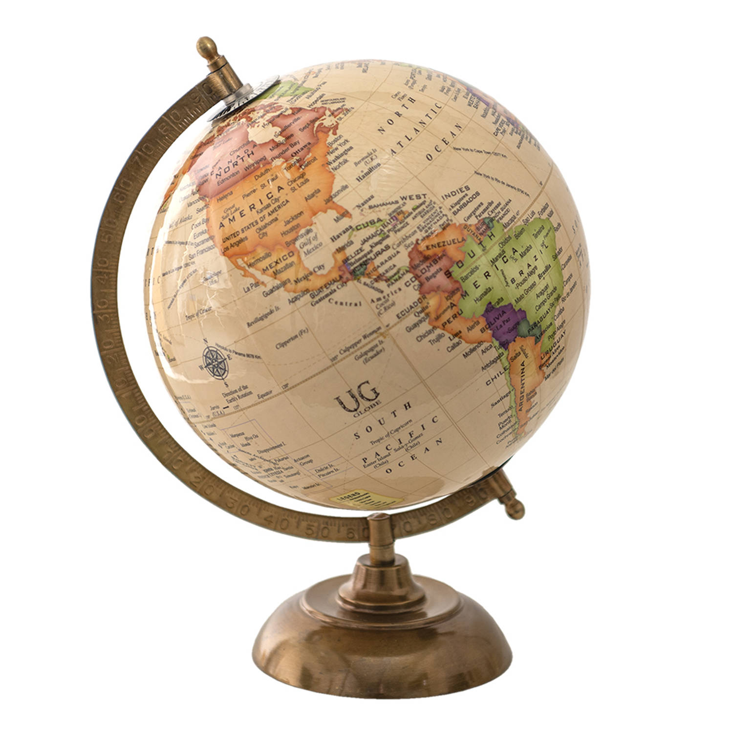HAES DECO - Decoratieve Wereldbol met metalen koperkleurige voet - formaat 22x30cm - kleuren Beige / Oranje / Groen - Vintage Wereldbol, Globe, Aarbol