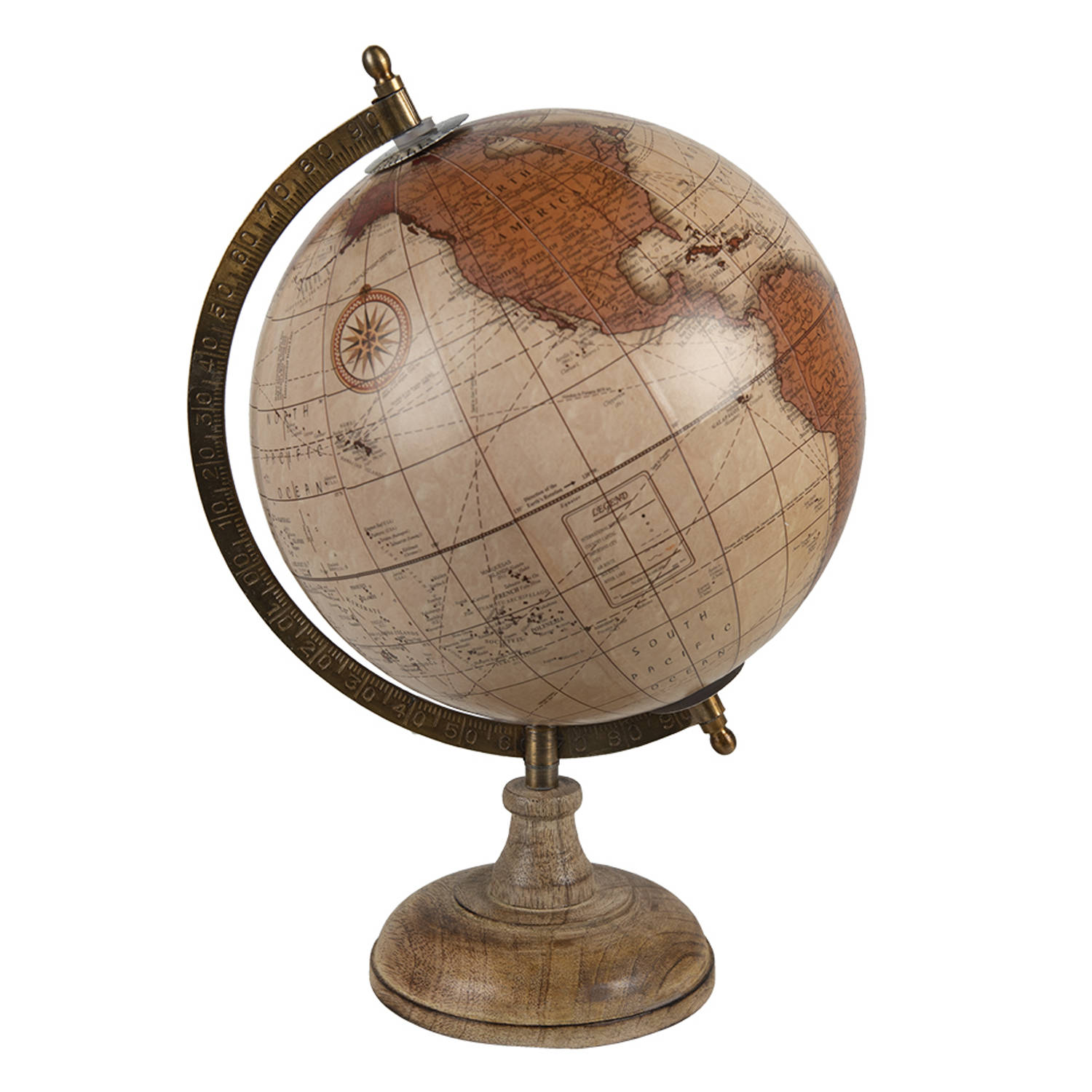 HAES DECO - Decoratieve Wereldbol met bruin houten voet - formaat 22x37cm - kleuren Bruin / Oranje / Beige - Vintage Wereldbol, Globe, Aarbol