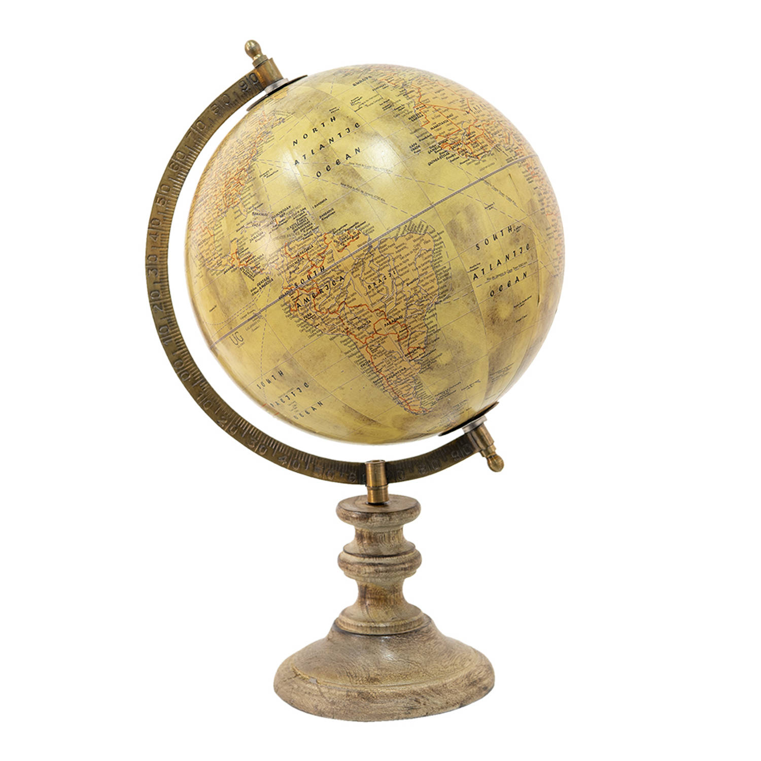 HAES DECO - Decoratieve Wereldbol met bruin houten voet - formaat 22x35cm - kleuren Beige / Bruin / Roze - Vintage Wereldbol, Globe, Aarbol