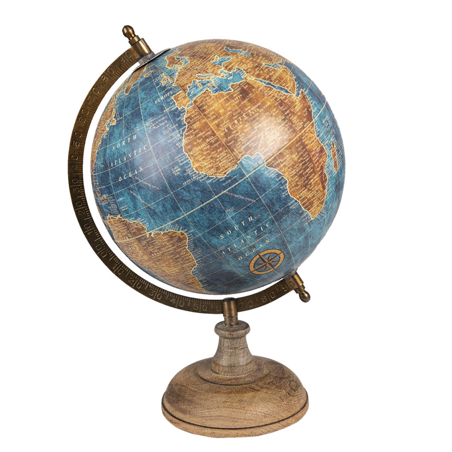 HAES DECO - Decoratieve Wereldbol met bruin houten voet - formaat 22x37cm - kleuren Blauw / Beige / Bruin - Vintage Wereldbol, Globe, Aarbol