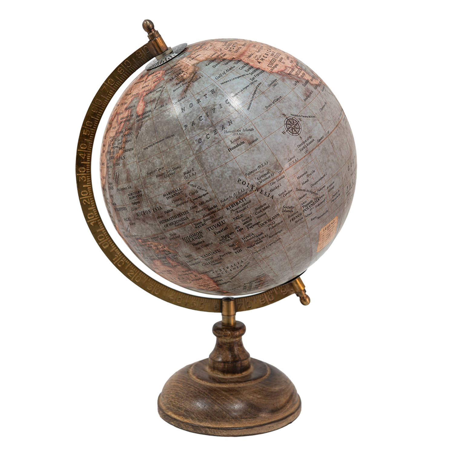 HAES DECO - Decoratieve Wereldbol met bruin houten voet - formaat 22x37cm - kleuren Blauw / Roze / Beige - Vintage Wereldbol, Globe, Aarbol