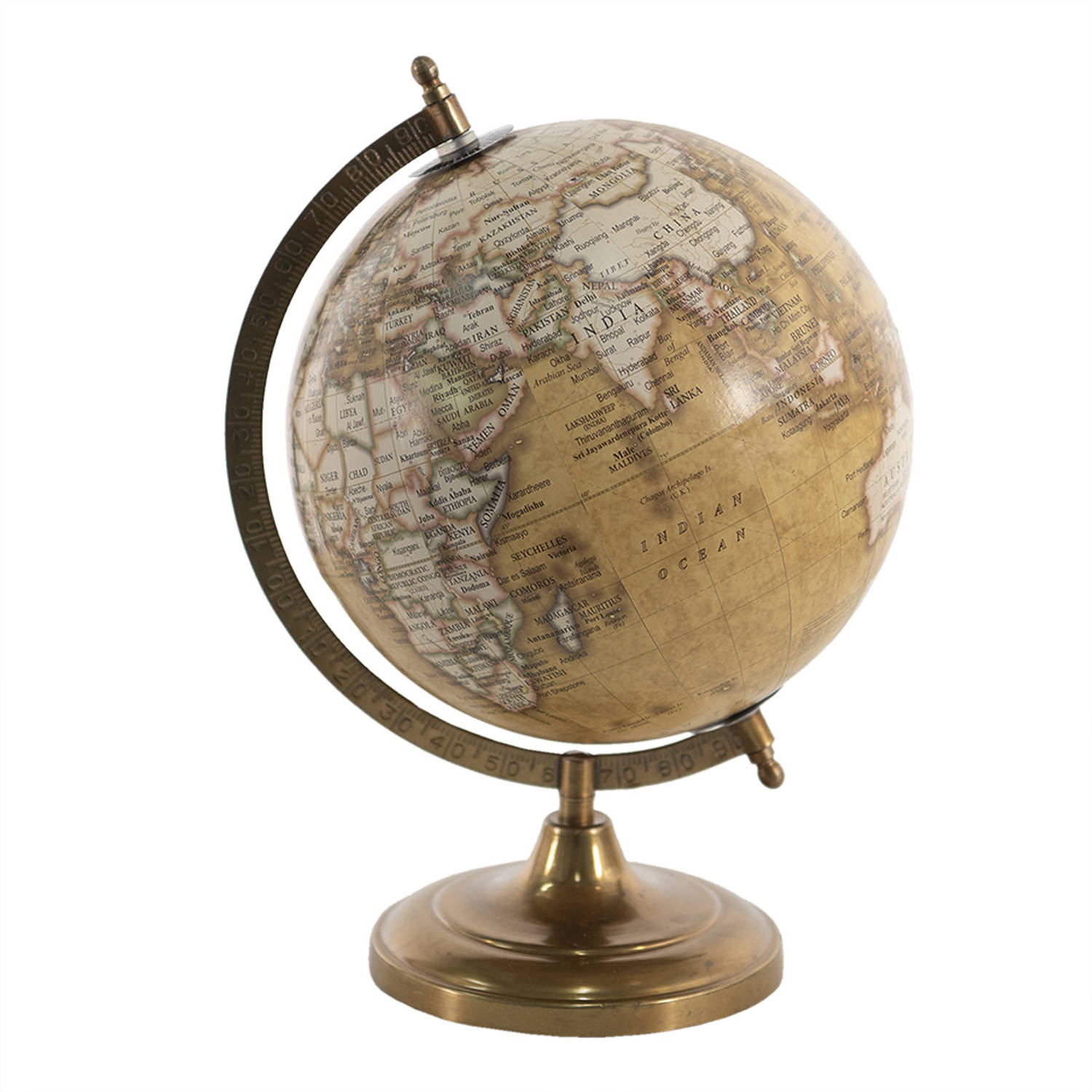 HAES DECO - Decoratieve Wereldbol met metalen koperkleurige voet - formaat 22x30cm - kleuren Bruin / Groen / Geel - Vintage Wereldbol, Globe, Aarbol