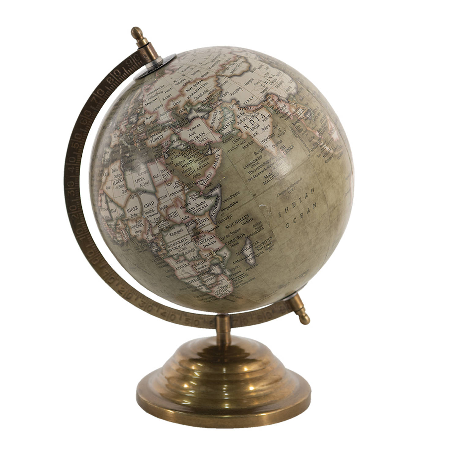 HAES DECO - Decoratieve Wereldbol met metalen koperkleurige voet - formaat 22x30cm - kleuren Groen / Bruin / Beige - Vintage Wereldbol, Globe, Aarbol