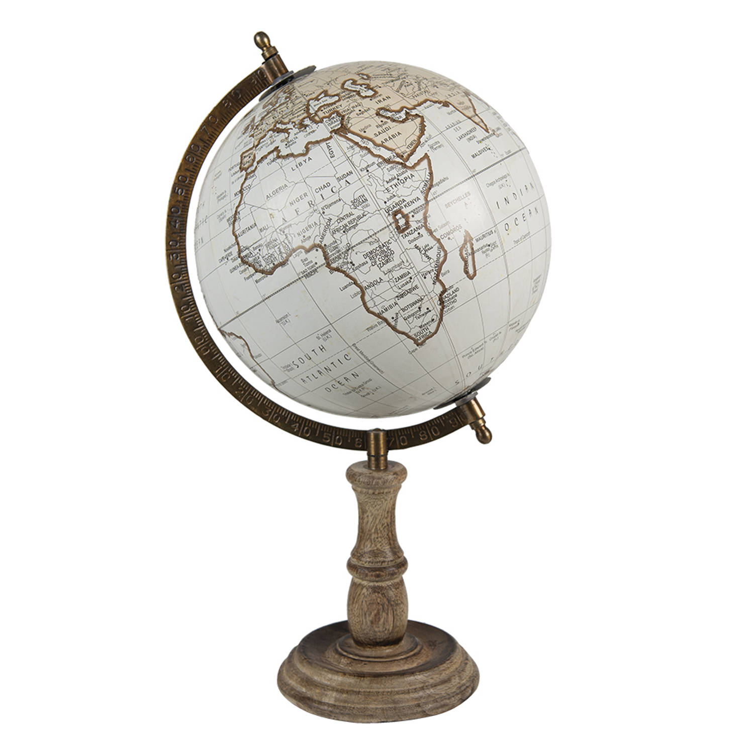HAES DECO - Decoratieve Wereldbol met bruin houten voet - formaat 22x37cm - kleuren Bruin / Grijs / Roze - Vintage Wereldbol, Globe, Aarbol