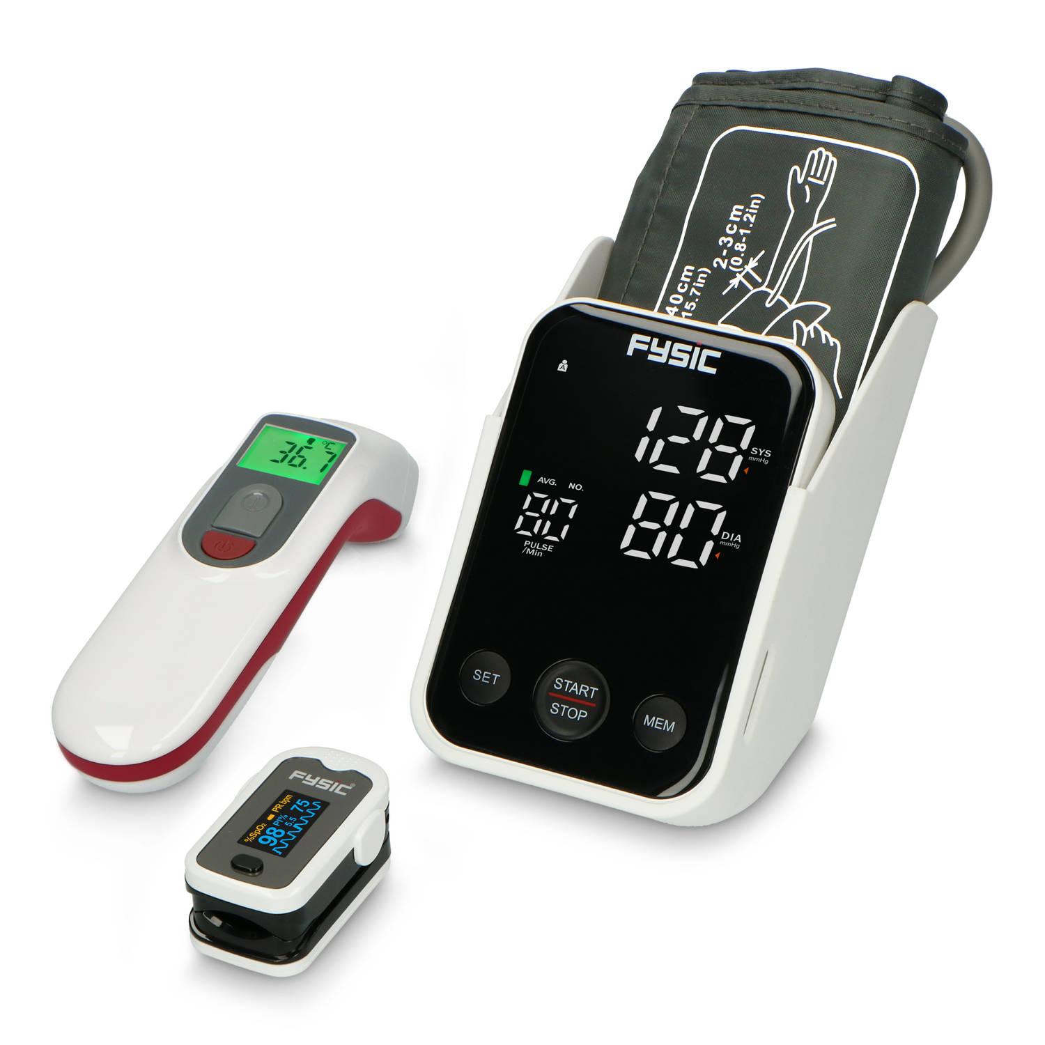 Fysic FCS250 - Gezondheidsmonitoring set voor thuis - Bloeddrukmeter - Saturatiemeter - Infrarood Thermometer