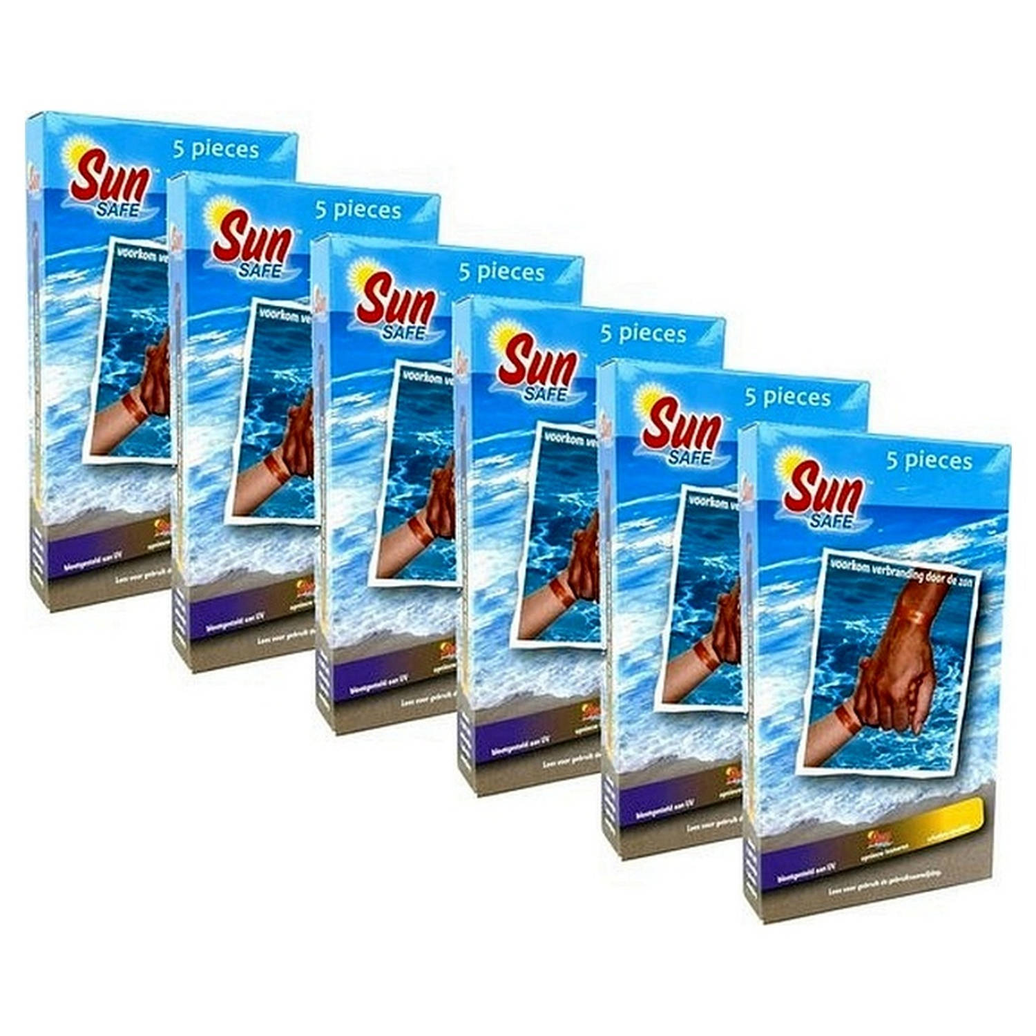 6-Pack Sunsafe UV Polsband 5 stuks (totaal 30 UV-polsbandjes) Zonnebrand