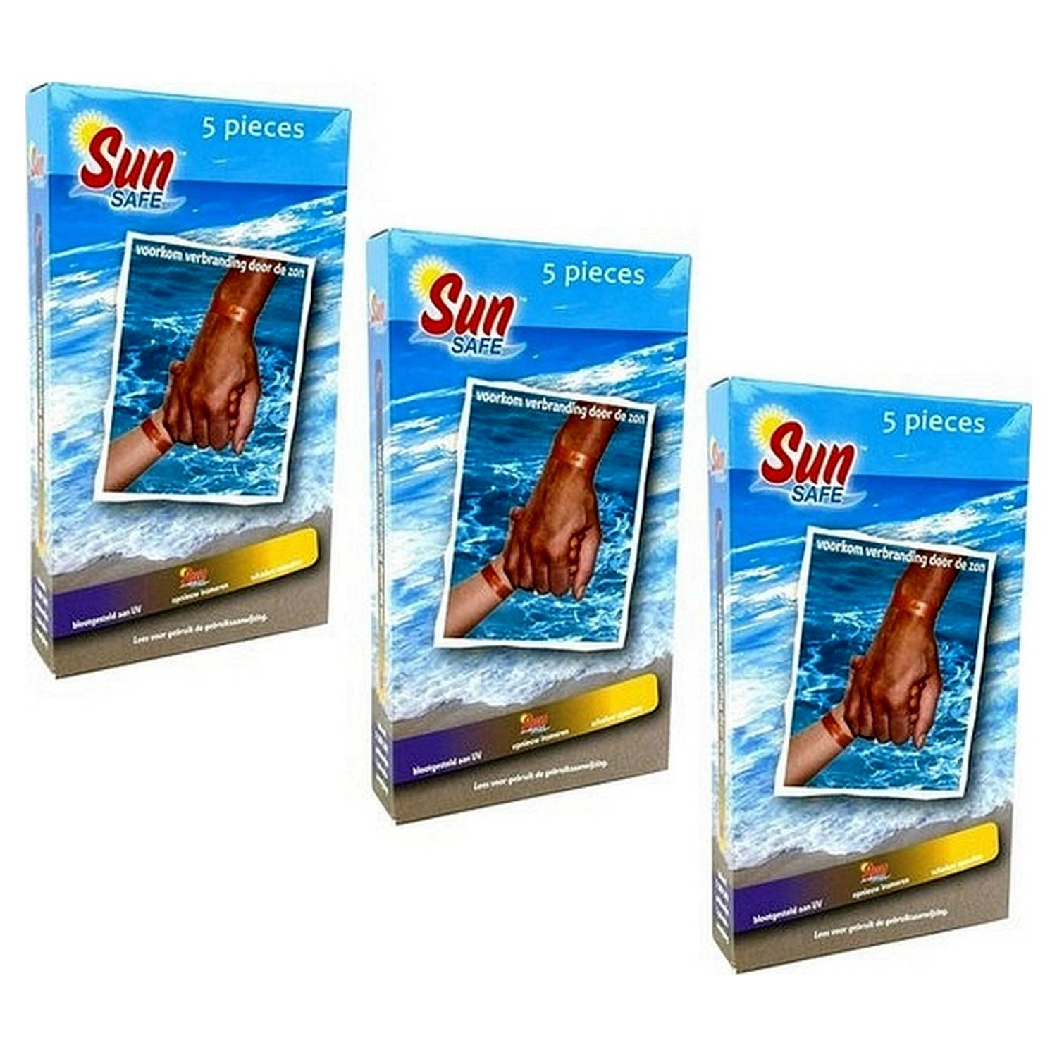 3-Pack Sunsafe UV Polsband 5 stuks (totaal 15 UV-polsbandjes) Zonnebrand