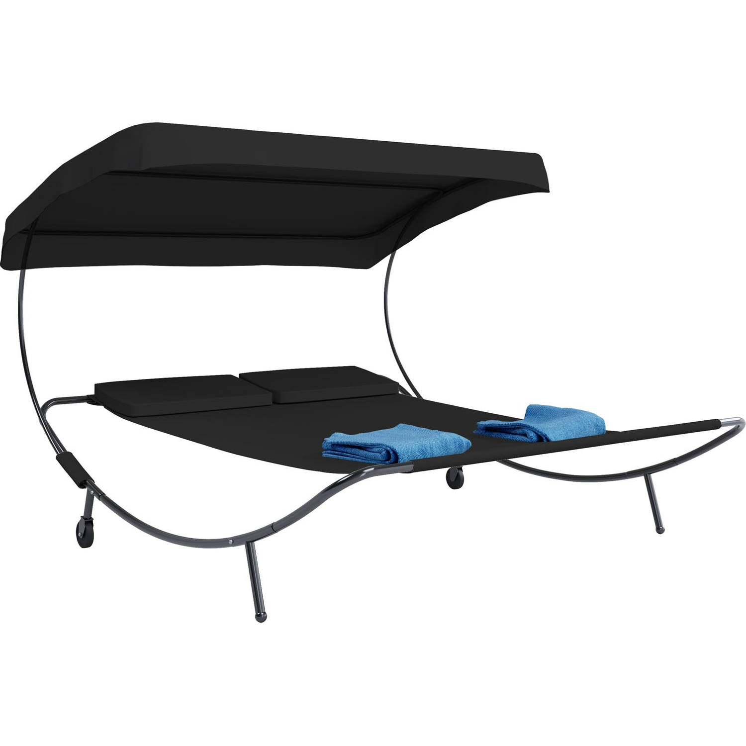 Bindox hangmat, hangendeligstoel dubbele 130x120cm met dak, wielen, 2 kussens zwart.