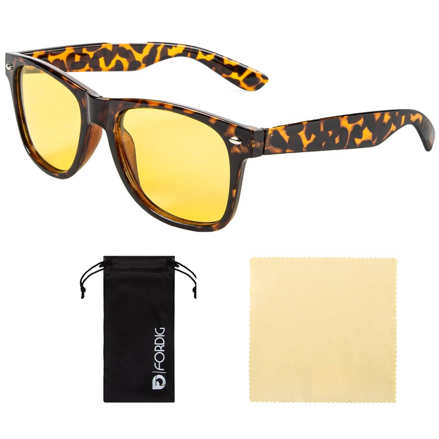 ForDig Nachtbril (Leopard) - Incl. Brillenhoes en Schoonmaakdoek - Overzetbril Auto - Opzetbril Nacht - Geel Overzet