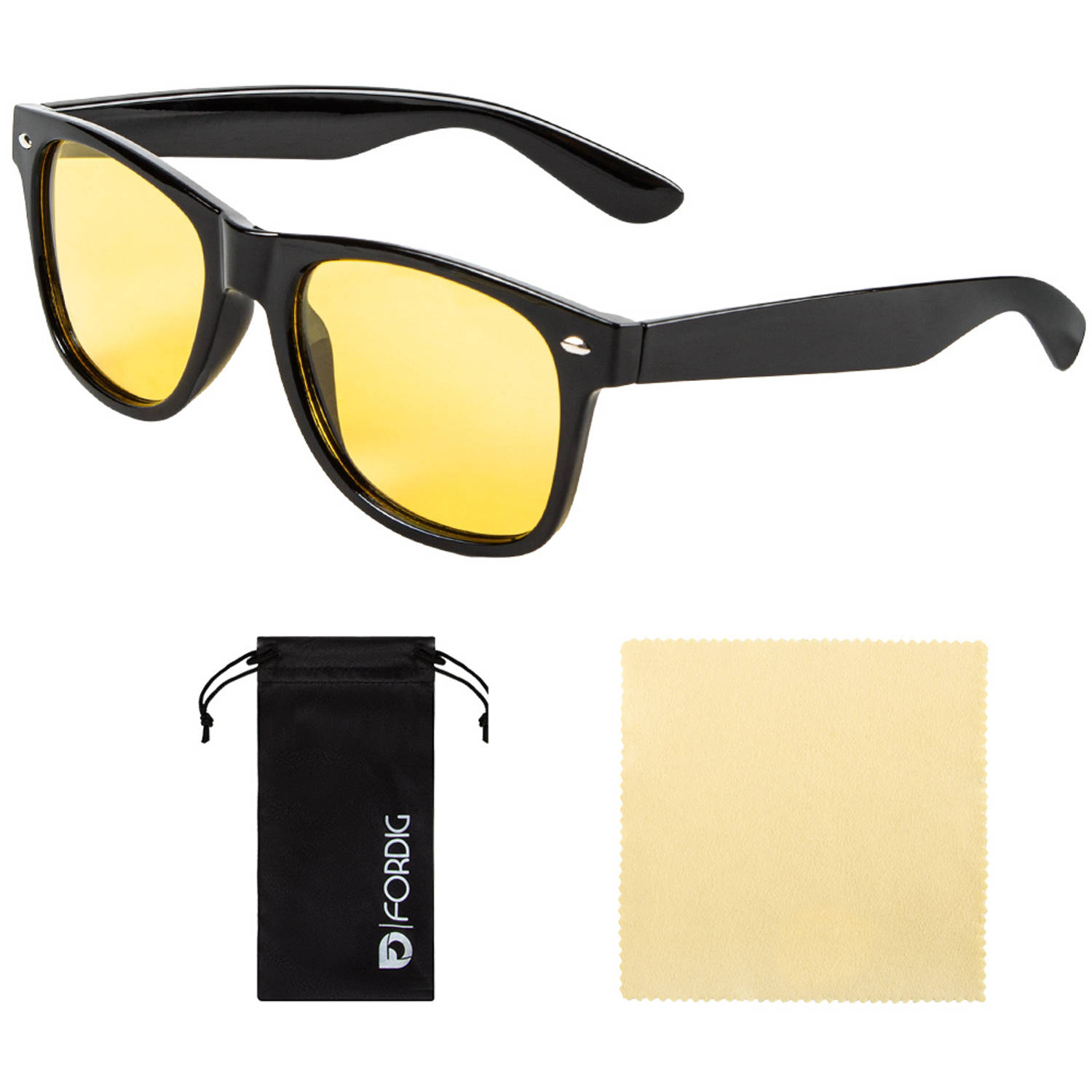 ForDig Nachtbril (Zwart)- Incl. Brillenhoes en Schoonmaakdoek - Overzetbril Auto - Opzetbril Nacht - Geel Overzet Bril