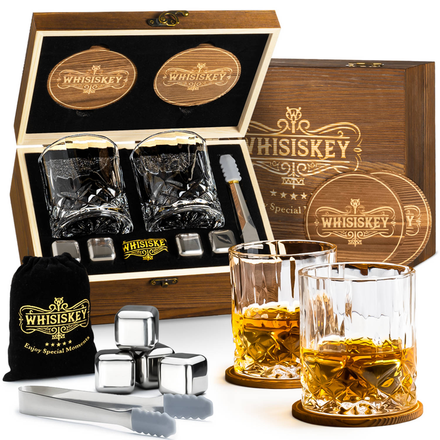 Whisiskey Luxe Whiskey Set - Incl. 2 Whiskey Glazen, 4 Whiskey Stones, 2 Onderzetters, Fluwelen Opbergzak, Opbergbox - Whisky Geschenkdoos - Glas - Herbruikbare IJsblokjes - Cadeau