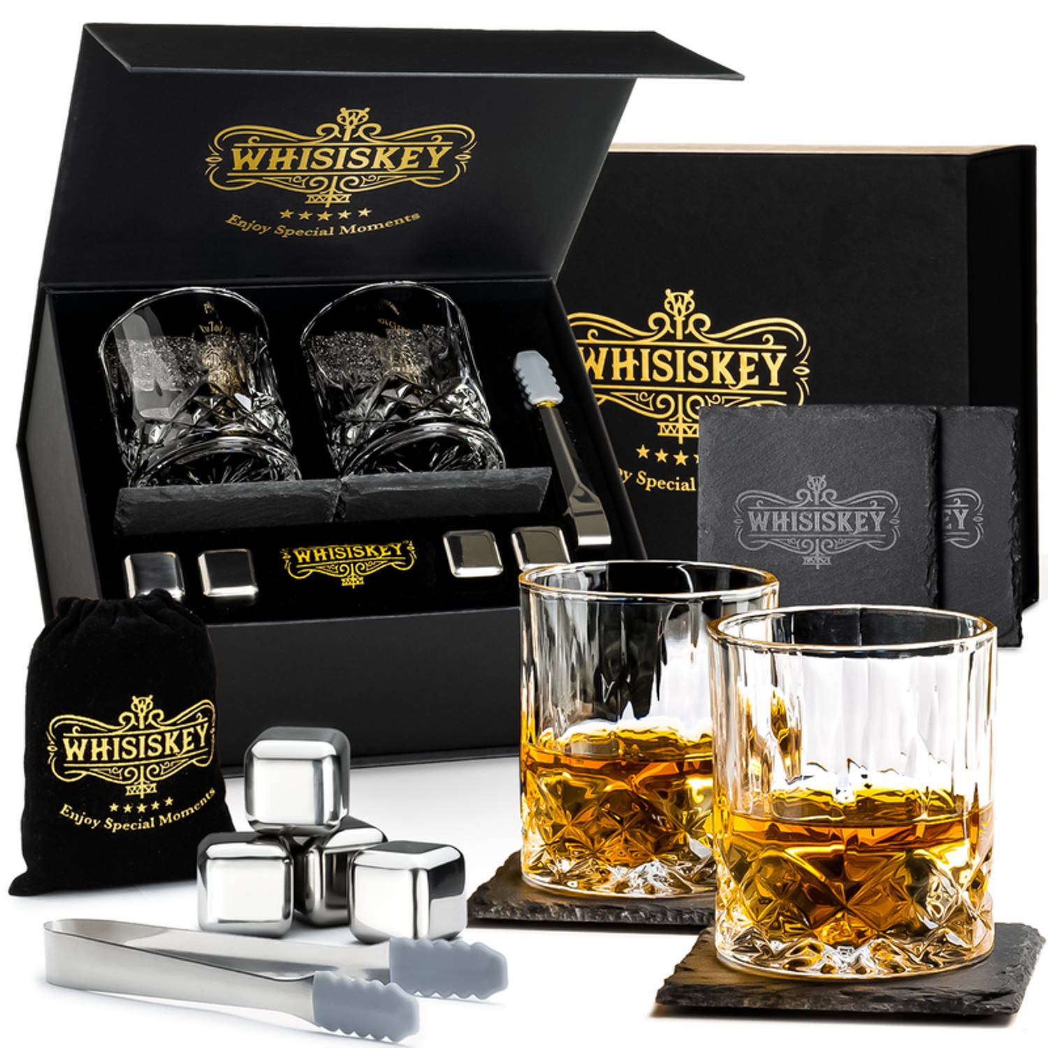 Whisiskey Luxe Whiskey Set - Incl. 2 Whiskey Glazen, 4 Whiskey Stones, 2 Onderzetters, Fluwelen Opbergzak, Opbergbox - Whisky Geschenkdoos - Glas - Herbruikbare IJsblokjes - Vaderd