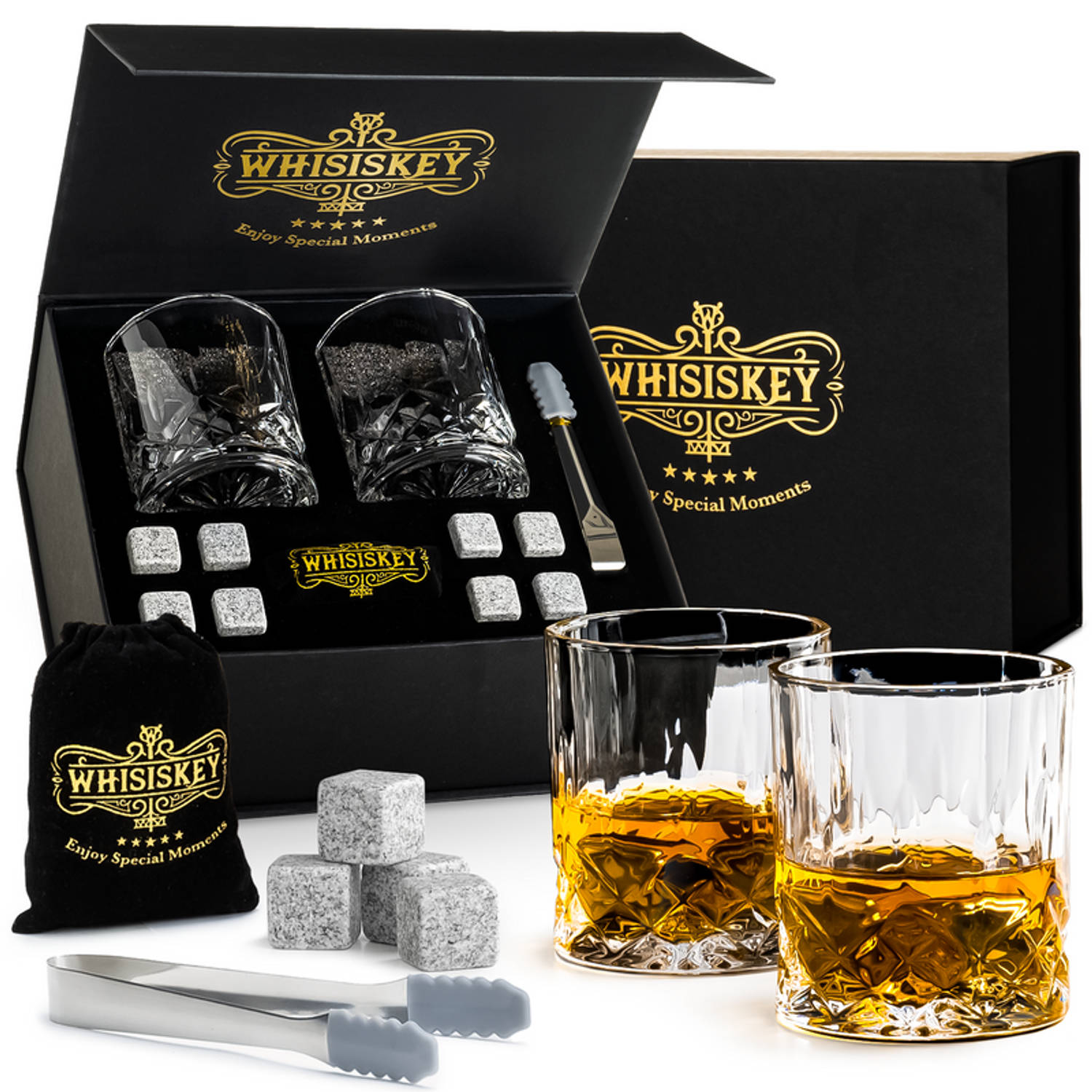 Whisiskey Luxe Whiskey Set - Incl. 2 Whiskey Glazen, 8 Whiskey Stones, 2 Onderzetters, Fluwelen Opbergzak, Opbergbox - W