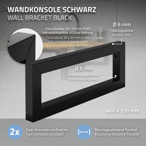 Wandhouder voor wastafel Set van 2 40x15 cm Zwart staal ML-Design