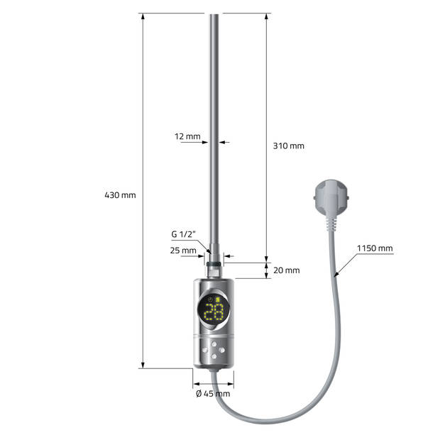 Verwarmingselement 300W Chroom met thermostaat en LCD-scherm ML design