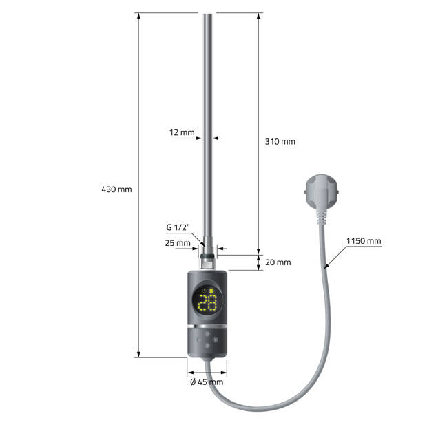 Verwarmingselement 300W antraciet met thermostaat en LCD-scherm ML design