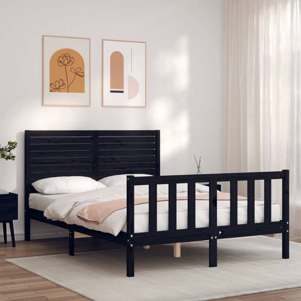 vidaXL Bedframe met hoofdbord massief hout zwart 140x190 cm