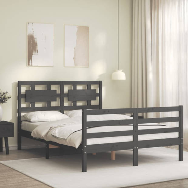 vidaXL Bedframe met hoofdbord massief hout grijs 140x190 cm