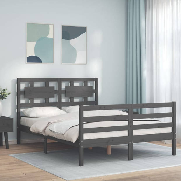 vidaXL Bedframe met hoofdbord massief hout grijs 140x190 cm