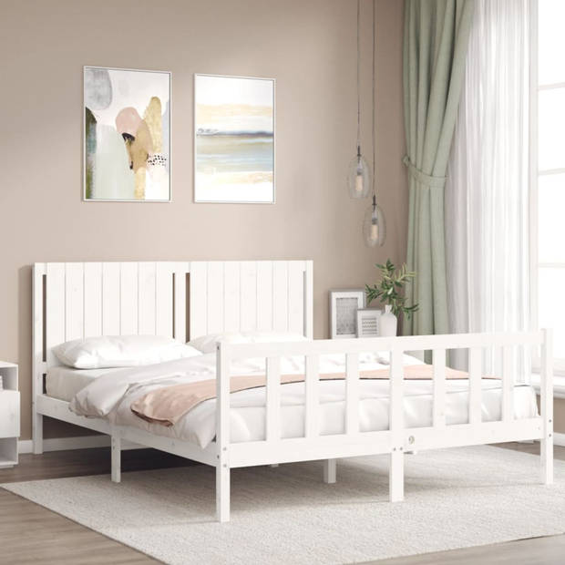 vidaXL Bedframe met hoofdbord massief hout wit 160x200 cm