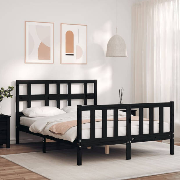 vidaXL Bedframe met hoofdbord massief hout zwart 140x190 cm