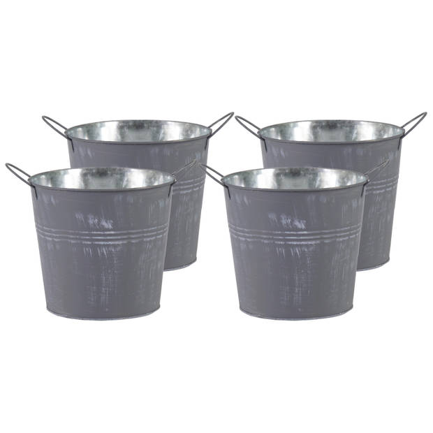 Mega Collections Emmer/plantenpot - 4x - zink - zilvergrijs - D16 x H14 cm - Emmers