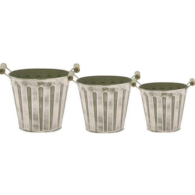 Emmer/plantenpot/bloempot - set van 3x stuks - zink - legergroen - Emmers