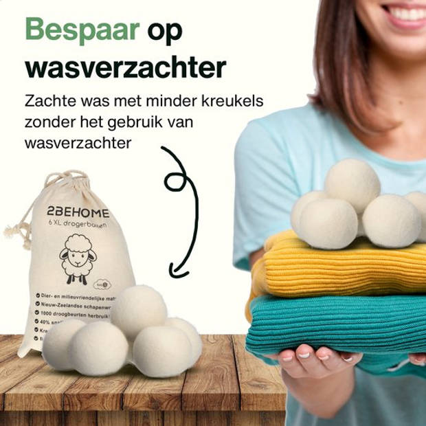 2BEHOME® 6XL Drogerballen Voor Wasdrogers - Gemaakt van 100% Nieuw-Zeelandse Schapen Wol - Wasdrogerballen - Wit