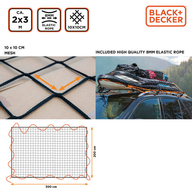 BLACK+DECKER Aanhangwagennet - 2 x 3 M - Rekbaar Elastiek - In Opbergtas - Zwart