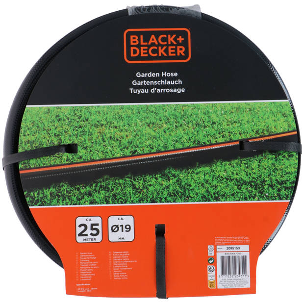 BLACK+DECKER Tuinslang 25 Meter - ?19MM - Duurzaam PVC - Past op Elke Standaard Kraan - Zwart/Oranje