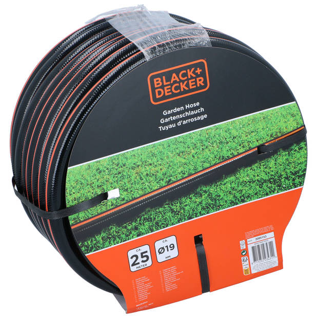 BLACK+DECKER Tuinslang 25 Meter - ?19MM - Duurzaam PVC - Past op Elke Standaard Kraan - Zwart/Oranje