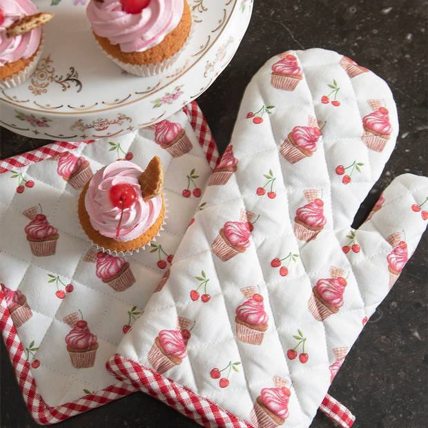 HAES DECO - Keukenschort voor Kind - 48x56 cm - 100% Katoen - Cherry Cupcake