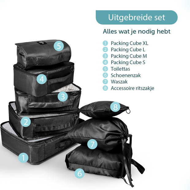 ForDig 8-Delige Packing Cubes (Zwart) - Koffer Organizer Set - Bagage Organizers - Compression Cube Tassen - Travel