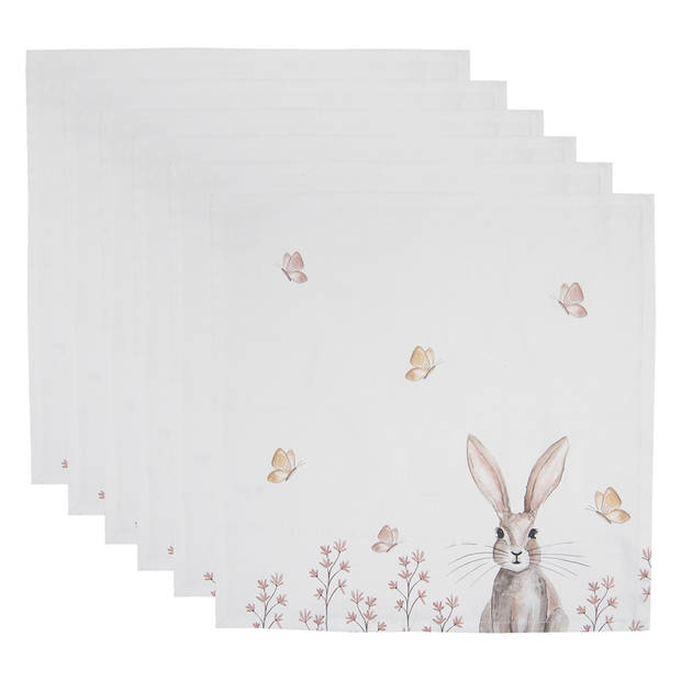 HAES DECO - Set van 6 Servetten (Textiel) - 40x40 cm - 100% Katoen - Rustic Easter Bunny