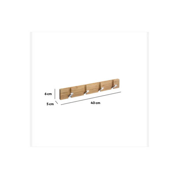 Kapstok rek voor wand/muur - lichtbruin - 4x inklapbare ophanghaken - bamboe/metaal - B40 x H6 cm - Kapstokken