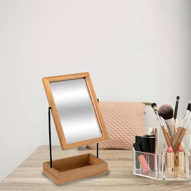 5Five Make-up spiegel met opbergbakje - Acacia hout - 19 x 36 cm - lichtbruin/zwart - Make-up spiegeltjes