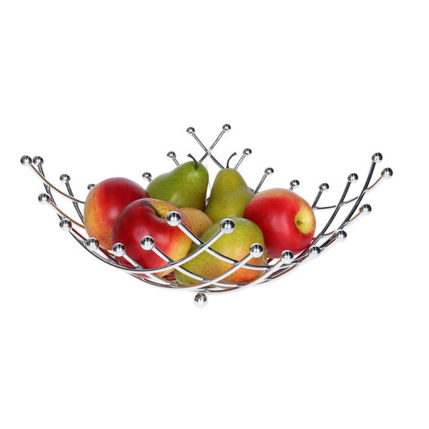 5Five Fruitschaal/fruitmand Basel - metaal - D30 x H14 cm - zilver - vierkant - spiraalvorm - Fruitschalen