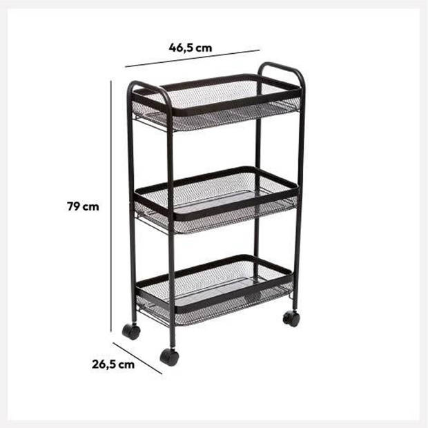 5Five Keukentrolley- zwart - mesh metaal - 80 x 47 x 27 cm - 3 niveaus - Maya - keukenkast - Opberg trolley